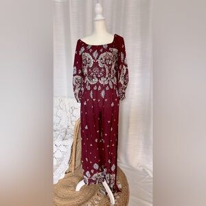 {JAASE} Maroon, long sleeve, paisley romper